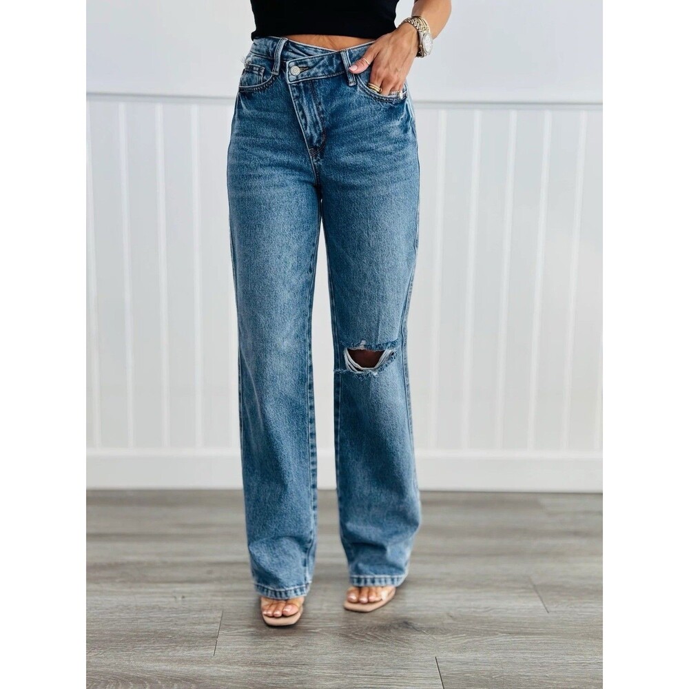 Judy Blue Distressed Straight Leg Blue Denim Jeans Women's Regular Size 9/29